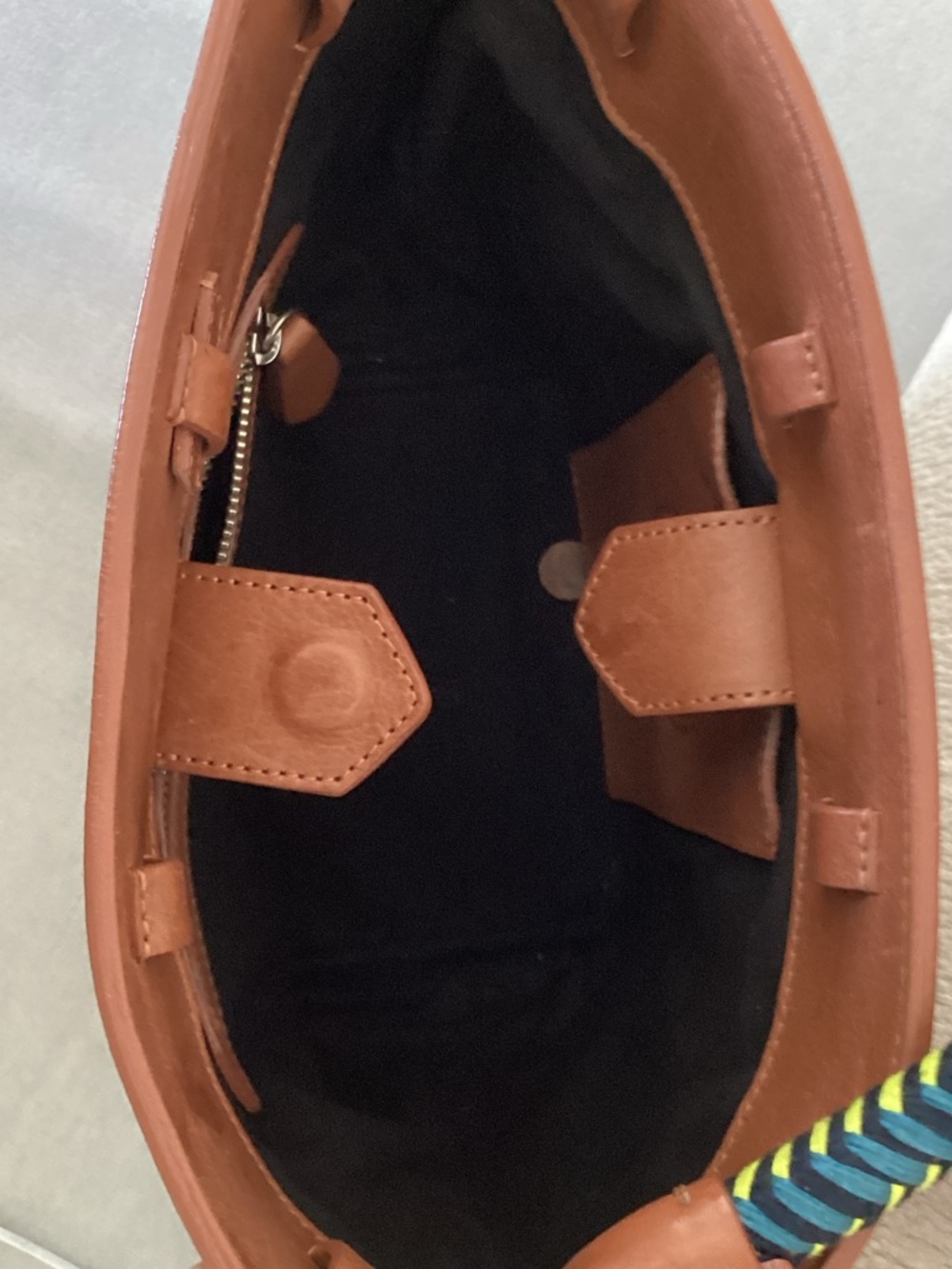 Mecha Mendez Cognac Leather Shoulder Bag with Braided Navy & Neon Handle - Picture 6 of 11